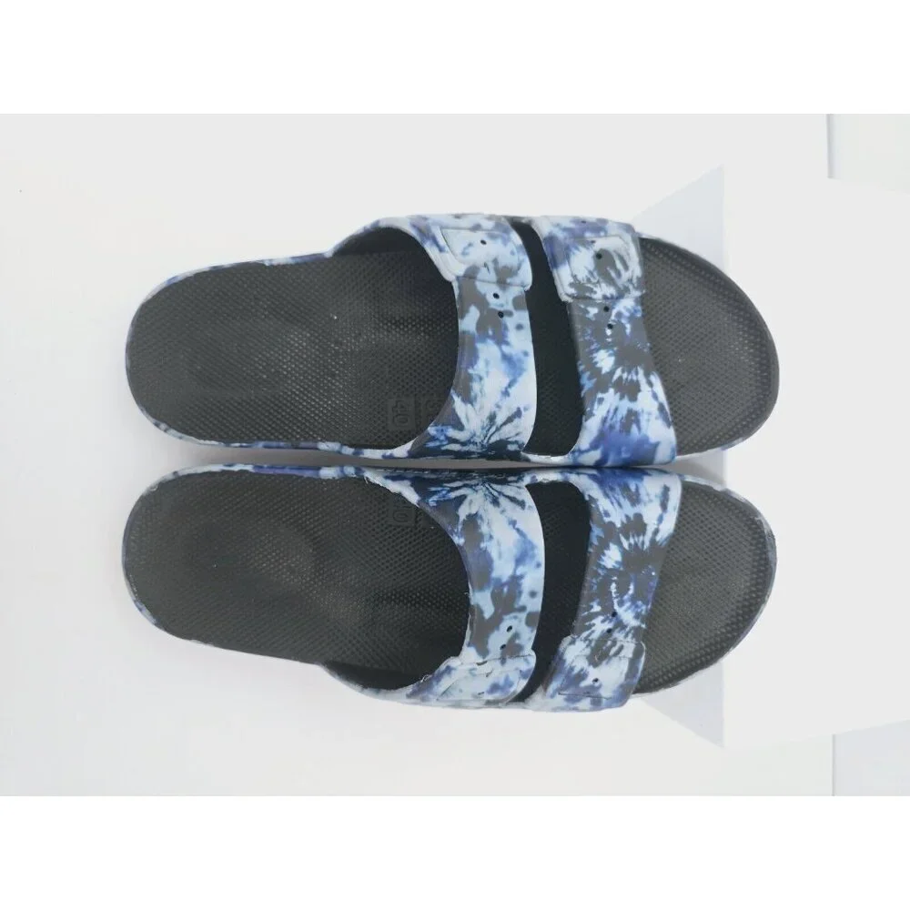 Freedom Moses Blue Black Tie Dye Slip On Faux Buckle Slide Sandals Shoes 9 10